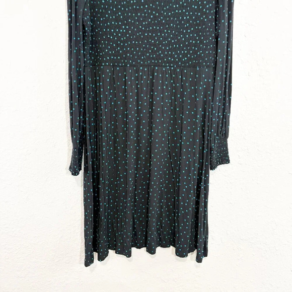 Boden Navy & Teal Polka Dot Smocked Long Sleeve Jersey Knit Dress Women's US 14L - Picture 5 of 11